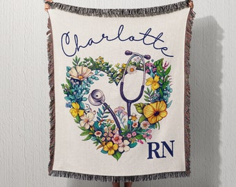 Personalized RN Nurse Graduation Gift Woven Blanket Cotton Blanket Made in USA Momento Student Nurse Gift Customized Graduate Throw blanket