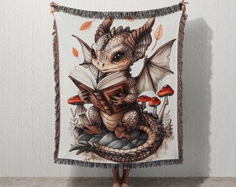 Dragon Gift Woven Blanket, Cute Dragon reading book fantasy decor mythical cute dragon gift for her readers gift