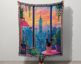New York City Gift Lover Cat in New York Illustration, New York art, Colorful Wall Art Maximalist Decor, Travel art, NYC Decor Gifts Blanket