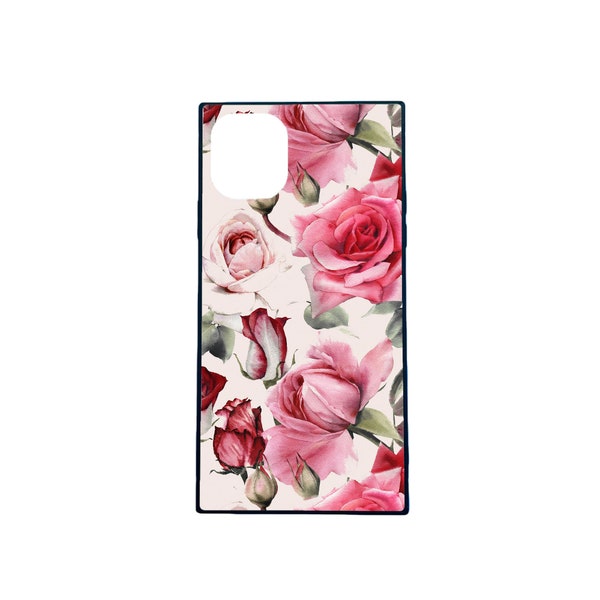 Pink Floral Tempered Glass Square iPhone 11/12/13/14 Pro Max Plus Case