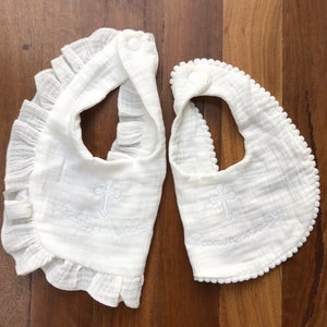 Baptism / First Holy Communion Baby White Bib Gift Embroidered Cross & &quot;Receive me today&quot; (text optional) Orthodox Christian Catholic Ruffle