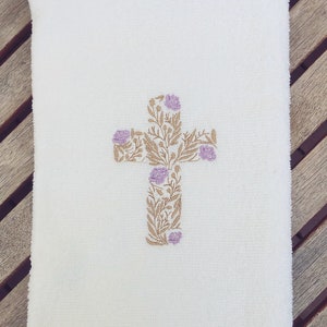 Embroidered Floral Cross Baptism Christening Bath Towel - Personalise with Name Date Christian Orthodox Greek Catholic Communion Baby Gift