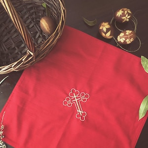 Orthodox Cross Embroidered Red Pascha Basket Cover Easter Gift Holy Communion Cloth Altar Maktro Prosphora Bread Greek Christian Napkin Egg