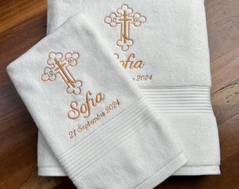 Baptism MATCHING TOWEL SET (Hand + Bath Towel / Sheet) Christening Orthodox Christian Cross Embroidery, Personalised Name Date Greek Russian