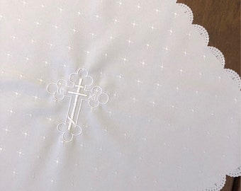 White Embroidered Cross Scallop Edge Cloth Basket Cover Large Orthodox Easter Pascha Gift Communion Bread Antidoro Prosphoro Greek Christian