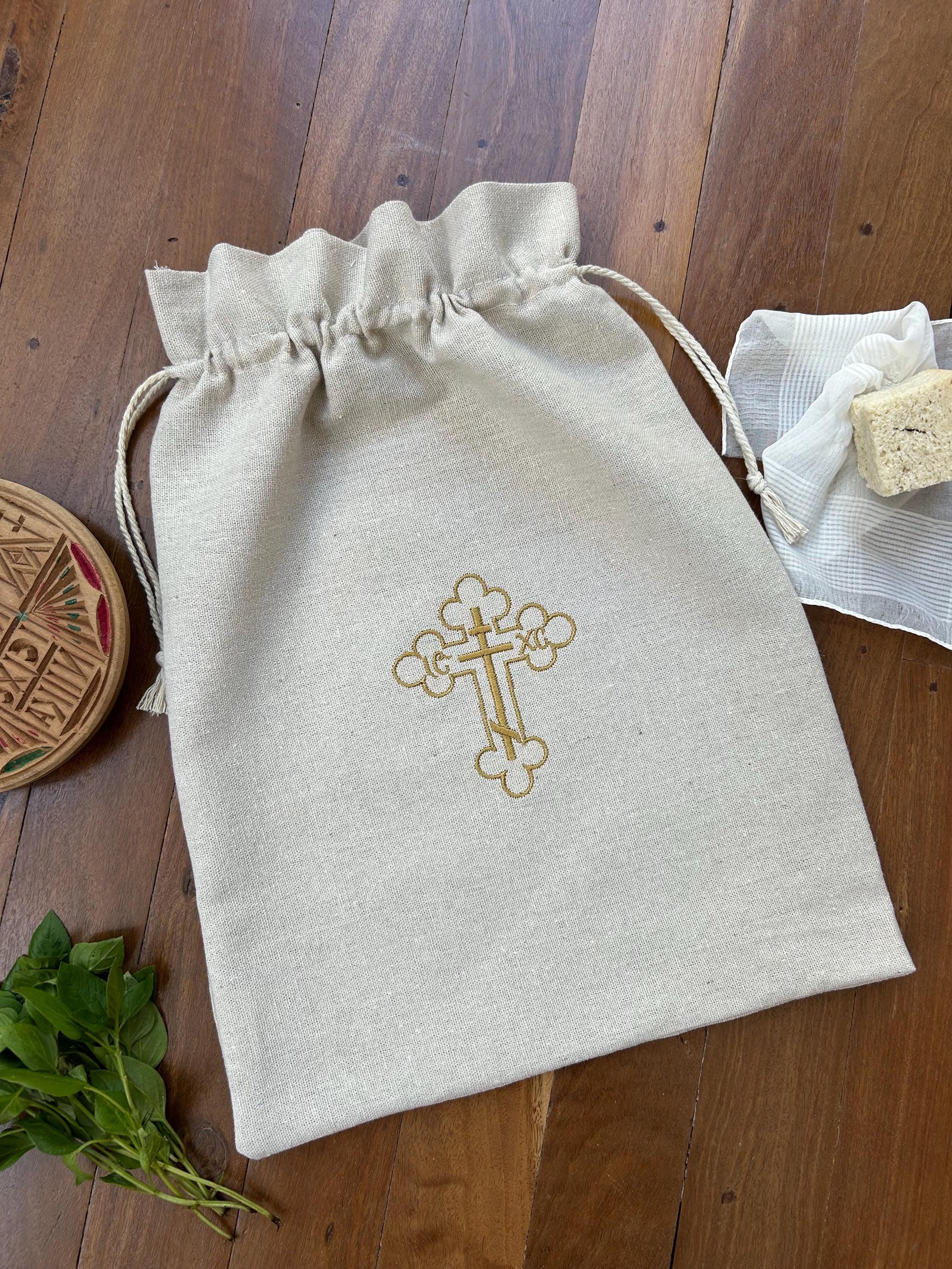 Embroidered Gold Natural Linen Bag Orthodox Cross Drawstring Pouch for Prosphoro Seal Prosforo Church Bread Scarf Icon Book Christian Gifts