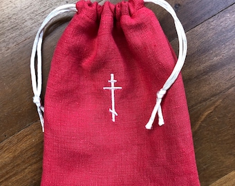 Petit sac croix orthodoxe rouge blanc brodé à la main petit sac Antidoron sainte communion pain béni prosphore cadeau chrétien ICXC