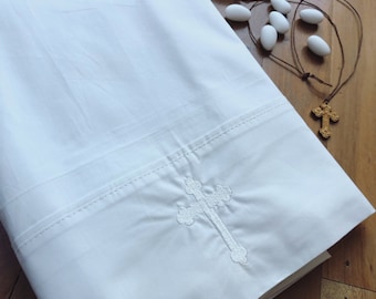 OLIEBLAD orthodoxe doop (bijpassende handdoeken beschikbaar) Doopkruis Gepersonaliseerd borduurwerk Grieks christelijk Ladopana Lathopana wit