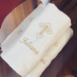Baptism Christening Towel Gift - Unique Keepsake - Orthodox Cross Embroidery - Personalised Name / Date Bath Christian Baby Boy / Girl Greek