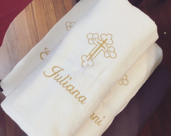 Baptism Christening Towel Gift - Unique Keepsake - Orthodox Cross Embroidery - Personalised Name / Date Bath Christian Baby Boy / Girl Greek