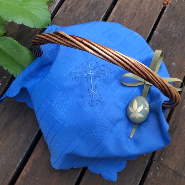 VINTAGE Blue Embroidered Cross Scallop Edge Large Cloth Basket Cover Orthodox Christian Easter Pascha Gift Bread Prosphoro Greek Serbian Egg