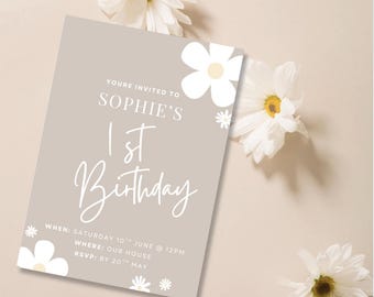 Florale Einladung zum 1. Geburtstag: Gänseblümchen im Boho Stil (Digitaler Download)