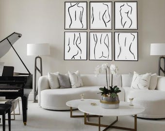 Weibliche Akt Silhouette Zeichnung Wandkunst - Set von 6 digitaler Download Bundle