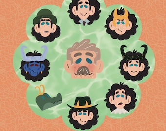 May include: A spinning Mobius Standee with eight different characters. The characters are a green alligator, a man with a mustache, a man with a blue hat, a man with a green hat, a man with a black hat, a man with a black hat and horns, a man with a black hat and horns, and a man with a black hat and horns.
