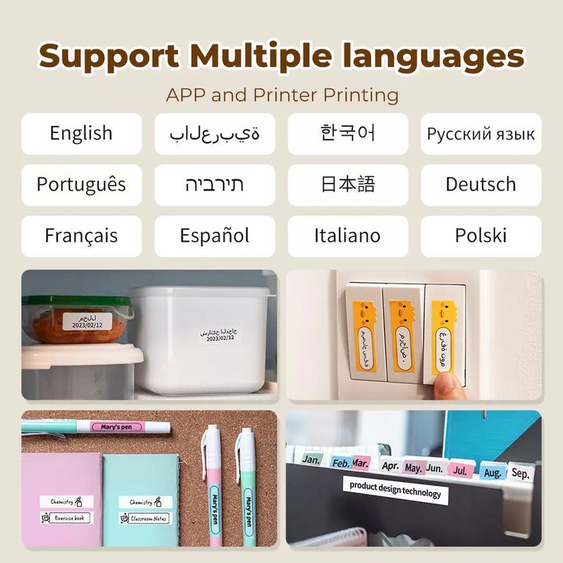 May include: A set of colourful labels with different languages, including English, Spanish, French, German, Portuguese, Italian, Polish, Japanese, Korean, and Russian. The labels are printed with text and some have cute cartoon characters. The labels are shown on various surfaces, including a white container, a light switch, and a notebook.