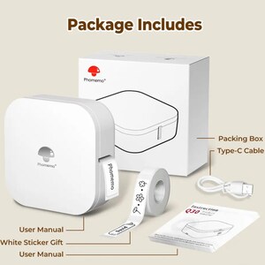 May include: A white label printer with a roll of white label tape, a white box, a user manual, a type-C cable, and a white sticker gift. The label printer has a mushroom logo and the text "Phomemo" on it. The label tape has a floral design. The box has the text "Phomemo" on it. The user manual has the text "Instruction Q30" on it. The cable is connected to a USB port. The sticker gift is a white sticker with the text "Phomemo" on it.