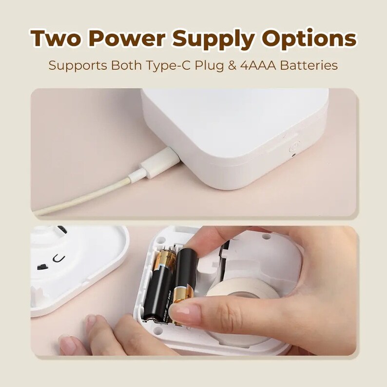 May include: A white portable label maker with a built-in tape dispenser. The label maker can be powered by a USB-C cable or four AAA batteries.