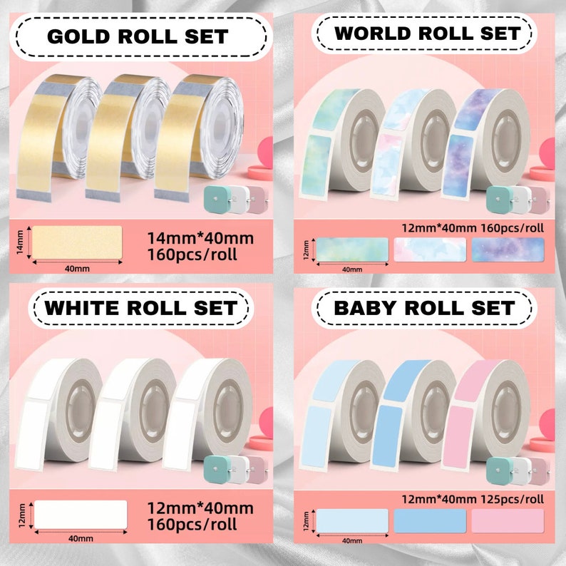 May include: Four rolls of sticker labels in different colours and designs. The rolls are labelled "Gold Roll Set", "World Roll Set", "White Roll Set", and "Baby Roll Set". Each roll has a different size and quantity of stickers. The stickers are 12mm x 40mm or 14mm x 40mm.