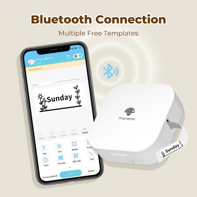 May include: A white Phomemo label printer with a blue Bluetooth icon and a smartphone displaying a label design with the text "Sunday" in a black font. The label design includes a sun, leaves, and a border. The smartphone screen shows a variety of label design options, including text, icons, borders, QR codes, and lines.