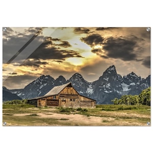 Wandkunst, Acrylbild, Wanddekor, Moulton-Scheune bei Sonnenuntergang, Grand-Teton-Nationalpark, fertig zum Aufhängen.