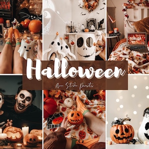 May include: A collage of images featuring Halloween decorations, including pumpkins, ghosts, and Jack Skellington. The text "Halloween" is written in a white, stylized font on a brown background.
