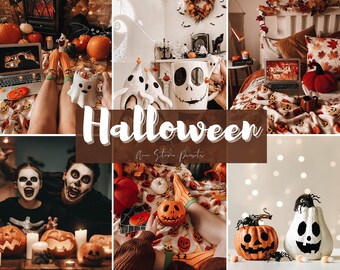 Op de afbeelding: Een collage van afbeeldingen met Halloween-decoraties, waaronder pompoenen, geesten en Jack Skellington. De tekst "Halloween" is geschreven in een wit, gestileerd lettertype op een bruine achtergrond.