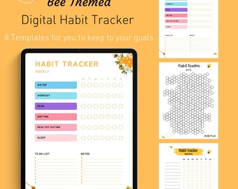 Rastreador de hábitos digital con temática de abejas / Diario de hábitos / Rastreador de objetivos / Lista de verificación de rutina / Diario de progreso de objetivos