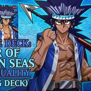 May include: A blue and white anime character with spiky black hair and a blue headband. The character is holding a brown spear and has a blue and white outfit with a Japanese symbol on it. The background is a blue and white wave pattern. The text "LORE OF SEVEN SEAS (TCG DECK)" is visible in the image.