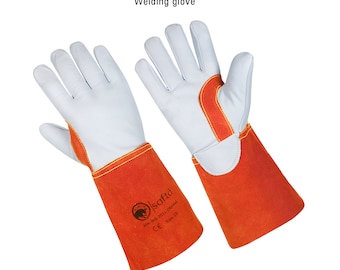 Leather Electric Welding Gloves, Heavy Duty Welding Gloves Professional Tig Arc Soldering Welder Gloves Long Heat Protective Leather Mittens