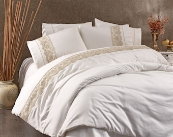 Bettbezug-Set aus Baumwolle, 6-teilig mit französischer Spitze und Perle bestickt - Luxus-Bettlaken-Sets, Bettbezug-Set, Hochwertiger Bettbezug