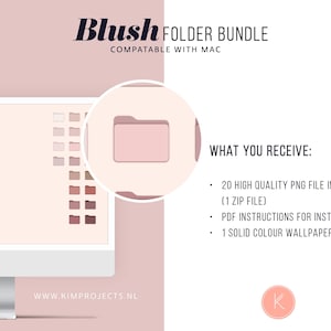 Op de afbeelding: Een computerscherm waarop een mapicoon wordt weergegeven met een roze kleurschema. De tekst "Blush Folder Bundle" en "Compatibel met Mac" wordt boven het scherm weergegeven. De tekst "What You Receive:" wordt aan de rechterkant van het scherm weergegeven, gevolgd door een lijst met items die in de bundel zijn opgenomen: 20 PNG-bestanden van hoge kwaliteit (1 zip-bestand), PDF-instructies voor installatie en 1 effen kleur achtergrond.