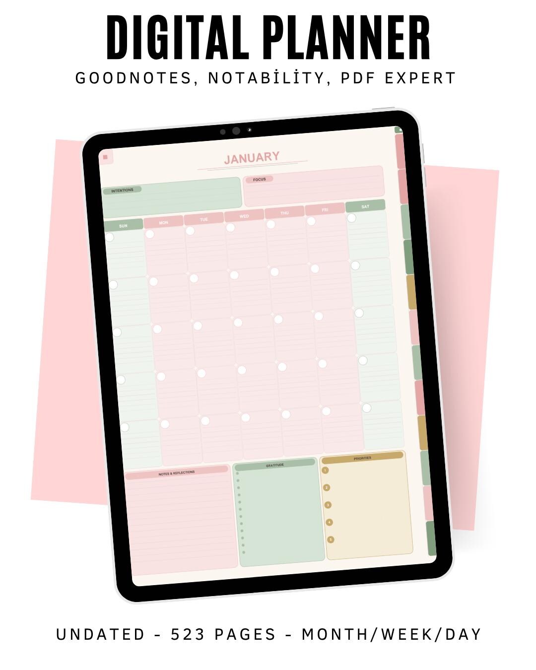 Undated Digital Planner | Blush Pink Sage Green Goodnotes (digital ...