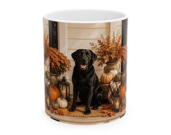 Black Lab on Autumn Porch Mug | Fall Pumpkin Coffee Cup