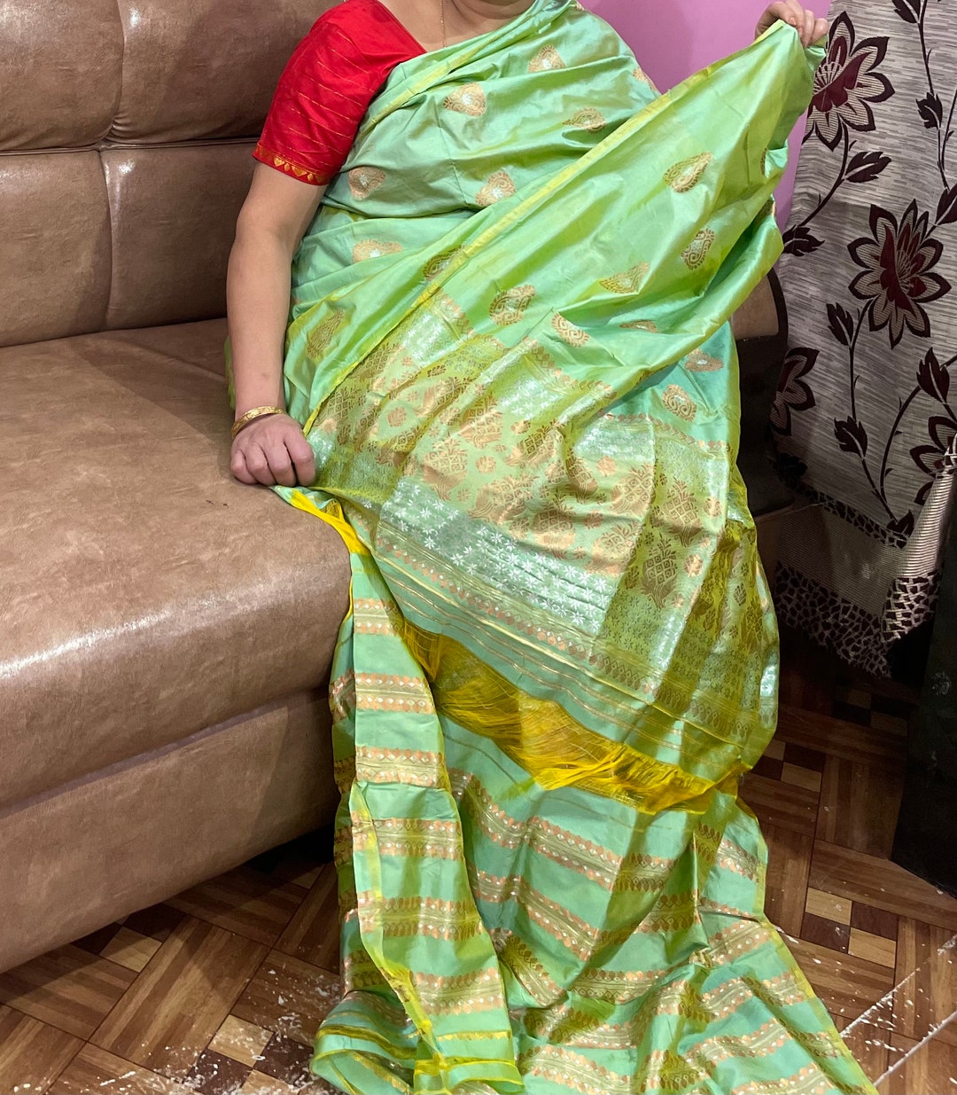 Green Mulberry Silk Traditional Mekhla Chador Set From Assam Etsy