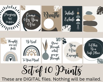 May include: Set of 10 printable wall art prints with inspirational quotes in a minimalist style. The prints feature a neutral color palette of black, white, brown, and gray with abstract shapes and illustrations.