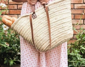 STRAW BAG Hecho a mano con cuero, Cesta del mercado francés, Bolso del mercado francés