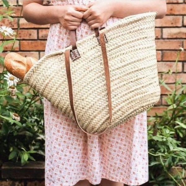 STRAW BAG Handmade mit Leder, French Market Basket, French Market Bag