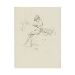 Puede incluir: Un boceto a lápiz de una figura desnuda sentada sobre una superficie, posiblemente una cómoda o una mesa. La figura está leyendo o sosteniendo algo, con sombreado suave y líneas delicadas. La obra de arte es un estudio de forma y luz.