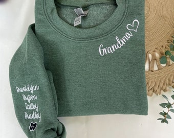 Custom Embroidered Grandma Sweatshirt with Grandkids Names on Sleeve, Personalized Minimalist Gift Grandma Sweatshirt or New Grandma Hoodie