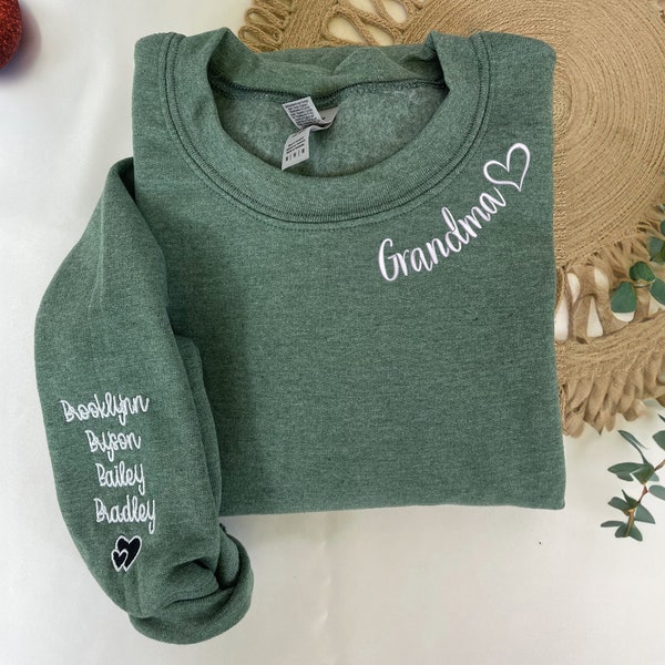 Custom Embroidered Grandma Sweatshirt with Grandkids Names on Sleeve, Personalized Minimalist Gift Grandma Sweatshirt or New Grandma Hoodie