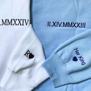 Custom Embroidered Roman Numerals Hoodie, Matching Couple Sweatshirt, Valentine’s Anniversary Gift for Husband Boyfriend, Initial on Sleeve