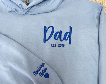 Dad Embroidered Sweatshirt, Dad Hoodie, Dad Est Embroidered with Kids Names and Heart on Sleeve, Unique Gifts for Dad, New Dad Gift