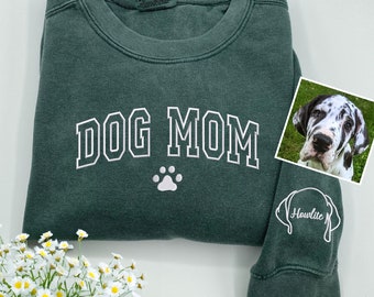 Comfort Colors Custom Dog Mom Embroidered Sweatshirt With Dog Ears on Sleeve, Personalized Dog Ear Outline Sweater, Dog Mama Sweatshirt