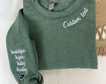 Custom Embroidered Mama Grandma Gigi or Any Text on Neckline Sweatshirt, Names on Sleeve,Personalized Gift for Mom Mother Momma Nana Sweater