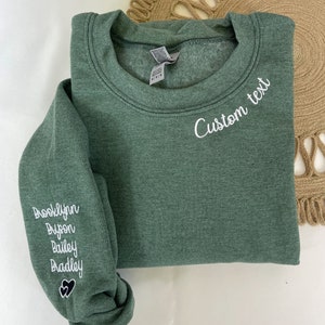 Custom Embroidered Mama Grandma Gigi or Any Text on Neckline Sweatshirt, Names on Sleeve,Personalized Gift for Mom Mother Momma Nana Sweater
