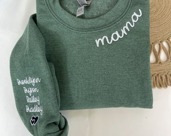 Custom Embroidered Mama Sweatshirt with Kids Name on Sleeve, Personalized Mom Sweatshirt, Minimalist Momma Sweater, Mothers Day Gift for Mom