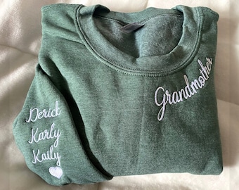 Custom Embroidered Grandmother Sweatshirt with Kids Name on Sleeve, Personalized Grandma Sweatshirt Embroidered, Gift For Grandma