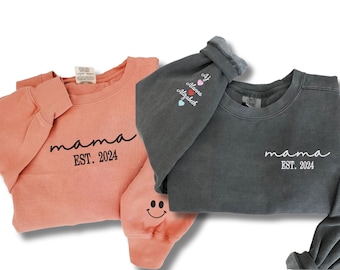 Comfort Colors® Custom Embroidered Mama Est 2024 Sweatshirt, Mama Est Sweatshirt With Kid Name, Mama Crewneck Embroidered, Mom And Son Gift
