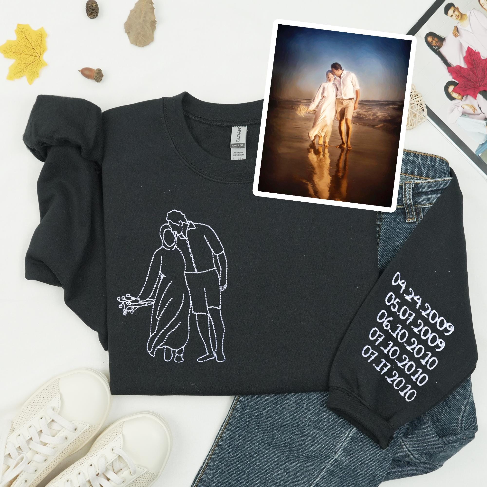 Couple Sweatshirt with Photo, Custom Embroidered Couple Portrait Shirt with Date Text on Sleeve, Anniversary Shirt, Boyfriend Hoodie