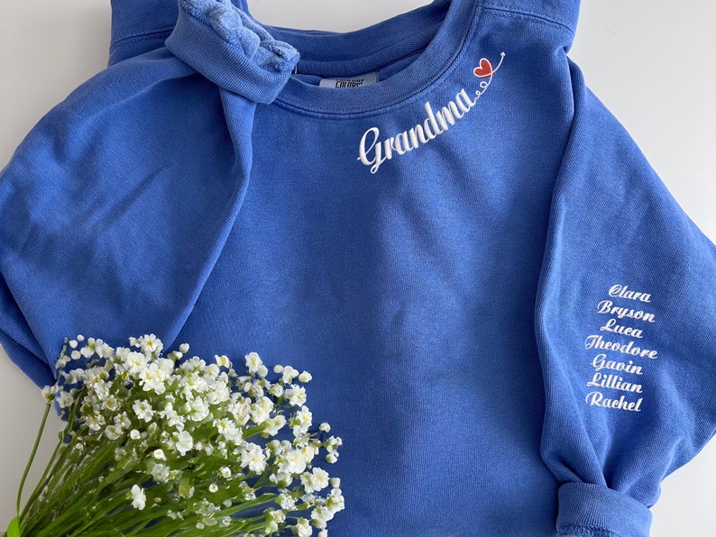 Custom Mama Comfort Colors® Sweatshirt With Kid Name on Sleeve, Mama Embroidered Sweatshirt, Mama Neckline Embroidery,Special Mom Sweatshirt image 4